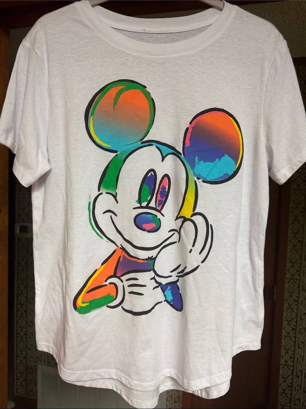 Disney White Tee with Multicolor Rainbow Mickey Graphic